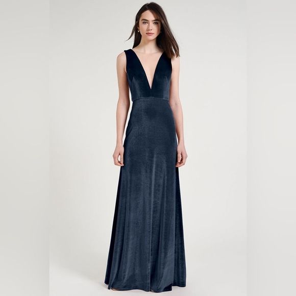 French Blue Jenny Yoo Logan Deep-V Velvet Column Gown - Picture 5 of 9